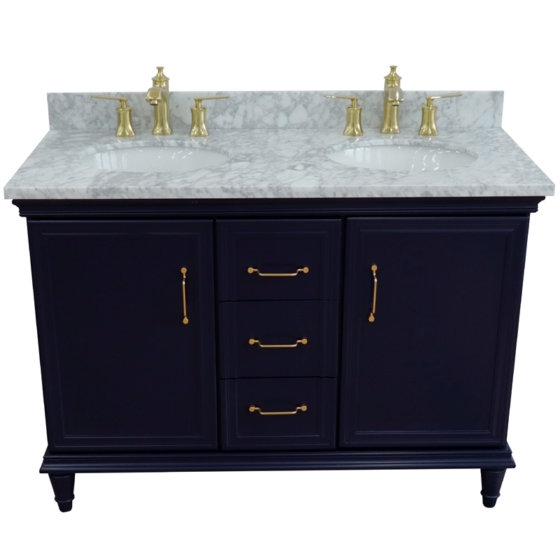 49 in. Double Wooden Vanity Blue with White Carrara Oval Sink