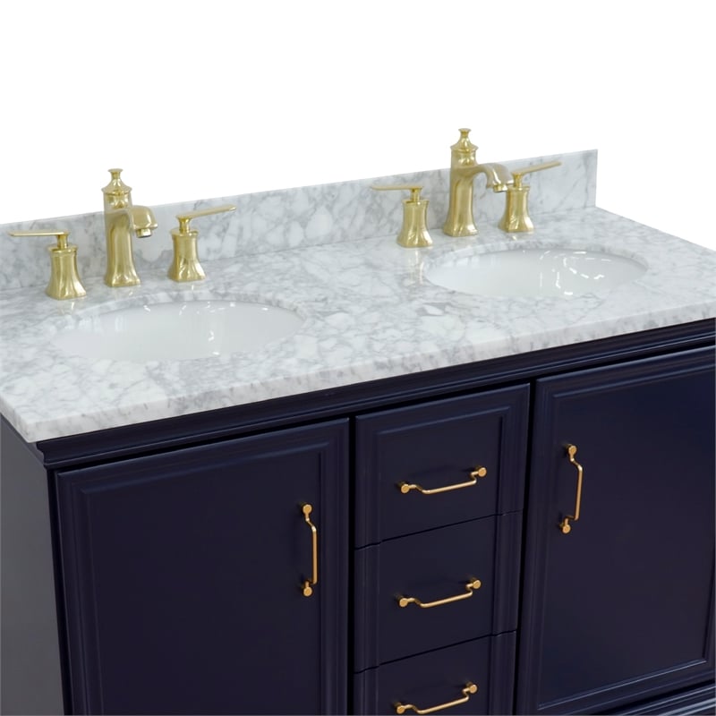 49 in. Double Wooden Vanity Blue with White Carrara Oval Sink