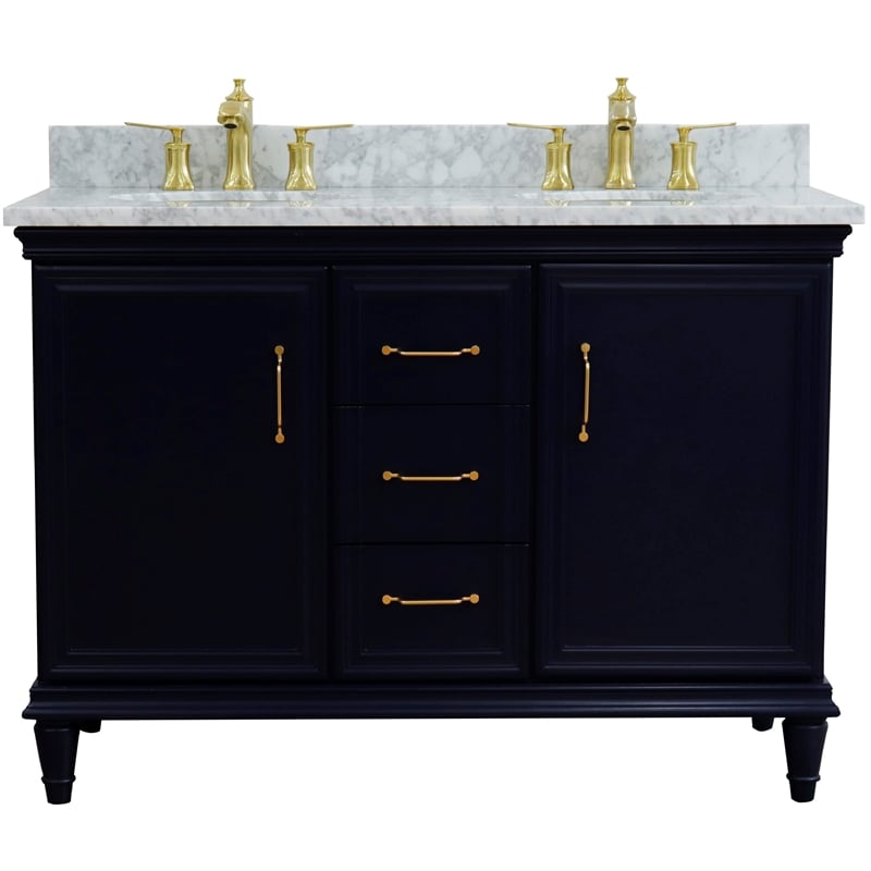 49 in. Double Wooden Vanity Blue with White Carrara Oval Sink