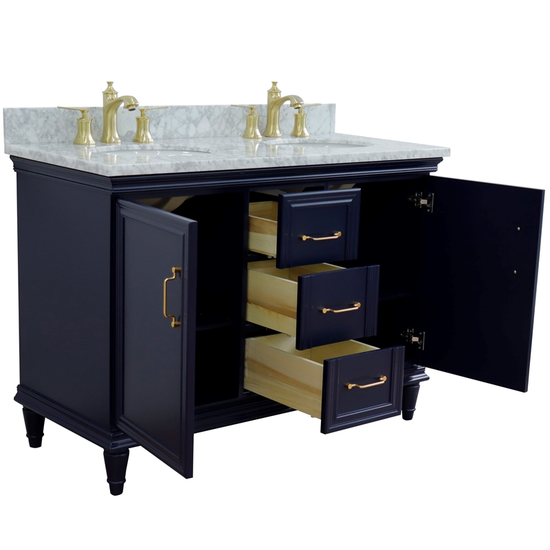 49 in. Double Wooden Vanity Blue with White Carrara Oval Sink