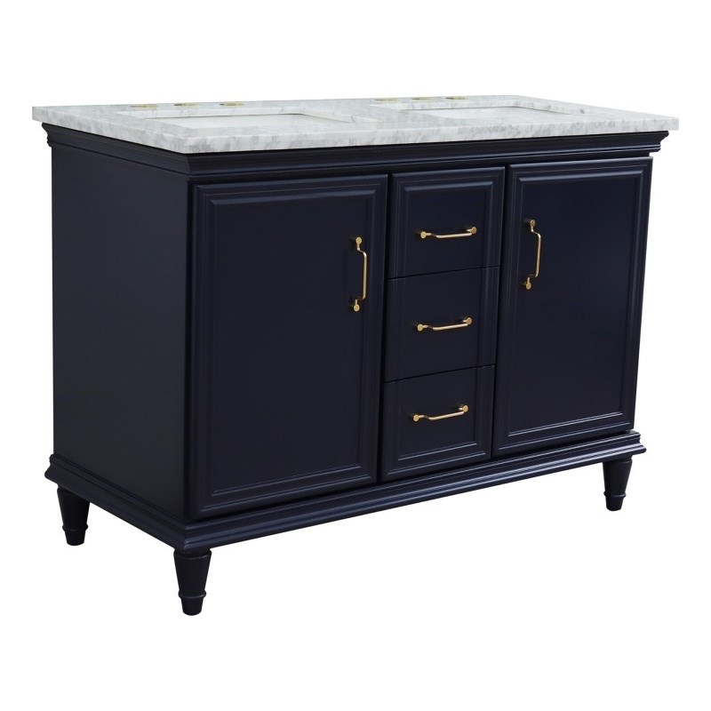 49 in. Double Wooden Vanity Blue with White Carrara Rectangle Sink
