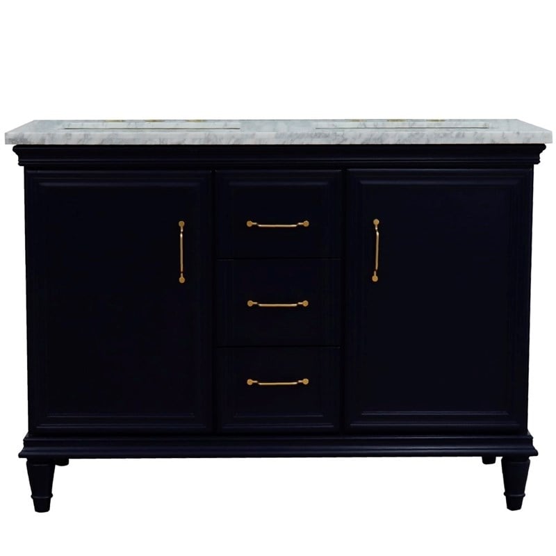 49 in. Double Wooden Vanity Blue with White Carrara Rectangle Sink