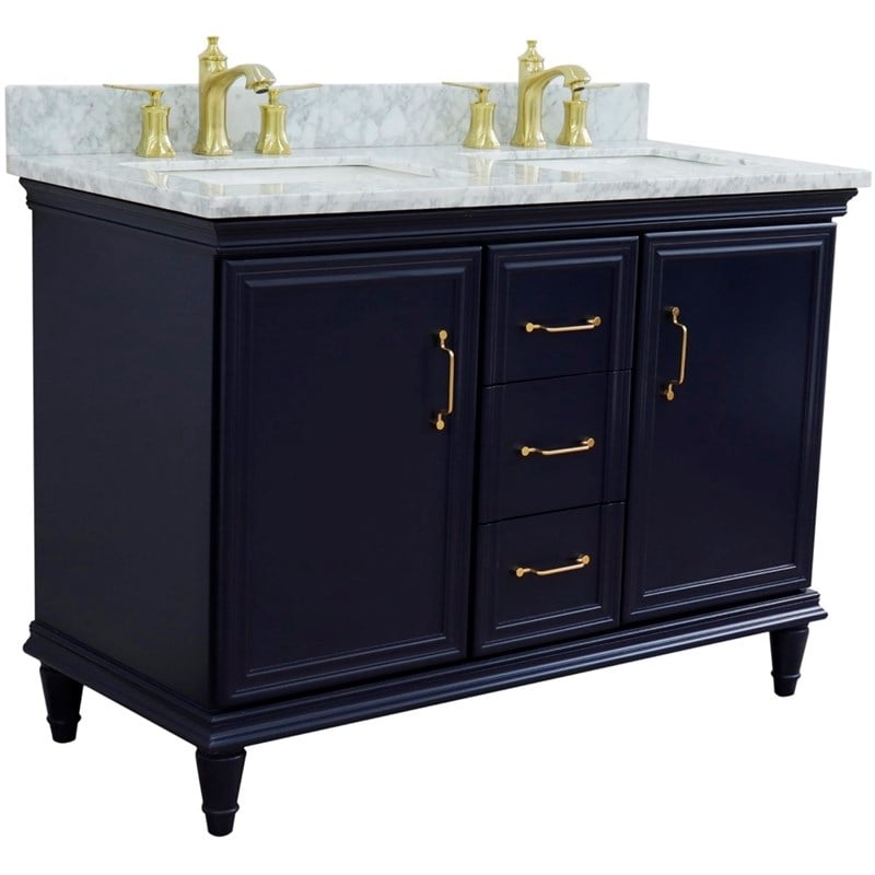 49 in. Double Wooden Vanity Blue with White Carrara Rectangle Sink