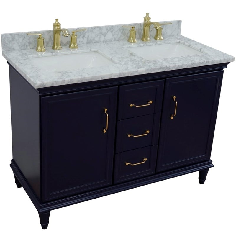 49 in. Double Wooden Vanity Blue with White Carrara Rectangle Sink