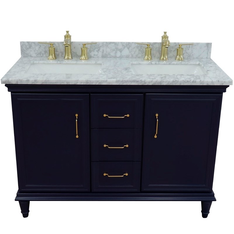 49 in. Double Wooden Vanity Blue with White Carrara Rectangle Sink