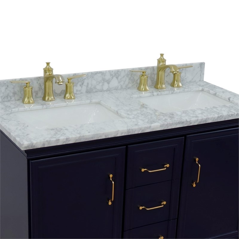 49 in. Double Wooden Vanity Blue with White Carrara Rectangle Sink