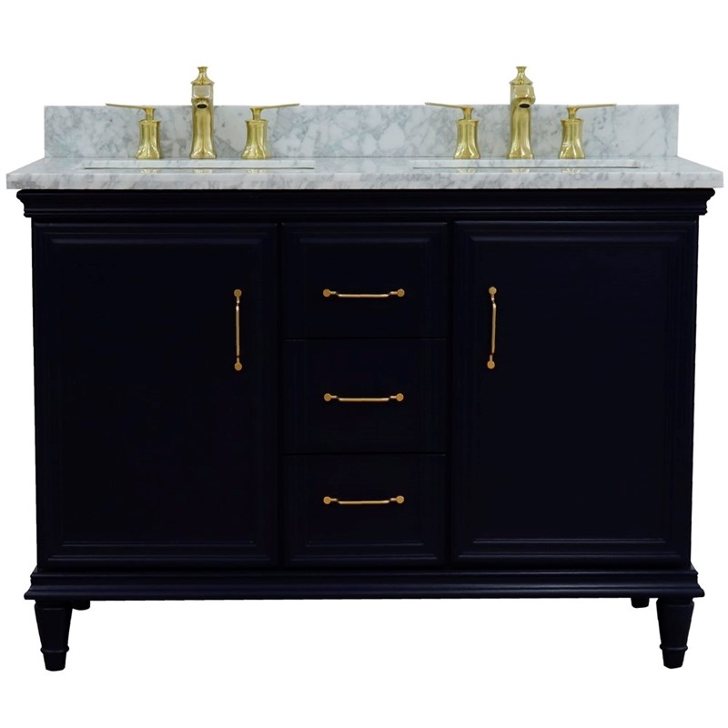 49 in. Double Wooden Vanity Blue with White Carrara Rectangle Sink