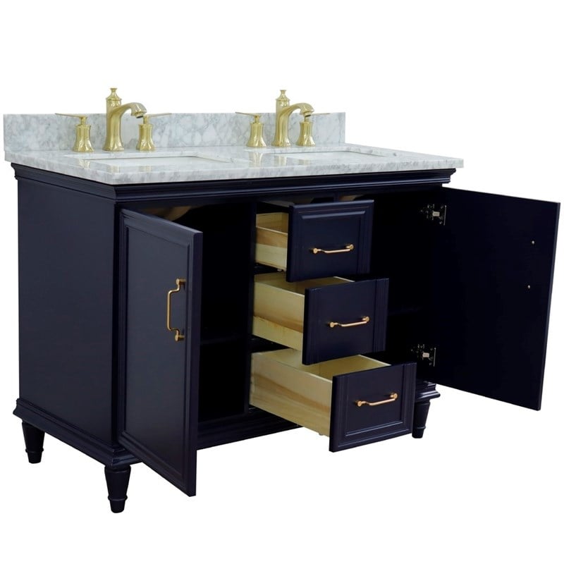 49 in. Double Wooden Vanity Blue with White Carrara Rectangle Sink