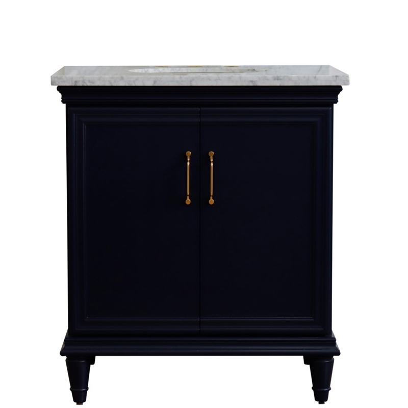31 in. Single Wooden Vanity  Blue with White Carrara Oval Sink