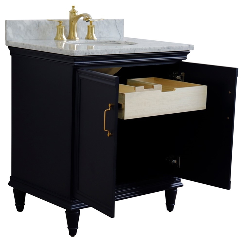 31 in. Single Wooden Vanity  Blue with White Carrara Oval Sink