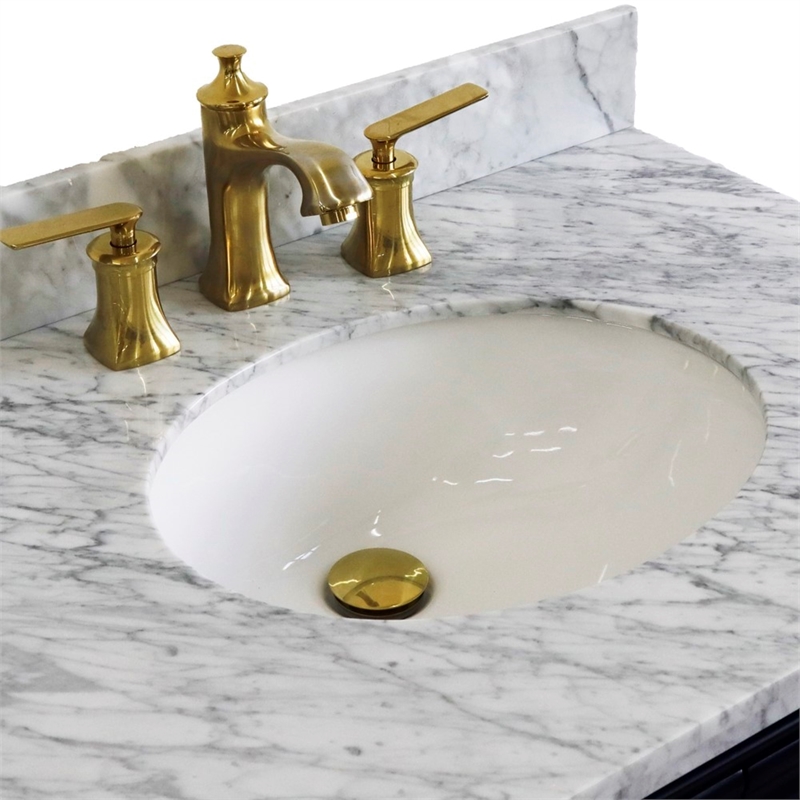 31 in. Single Wooden Vanity  Blue with White Carrara Oval Sink