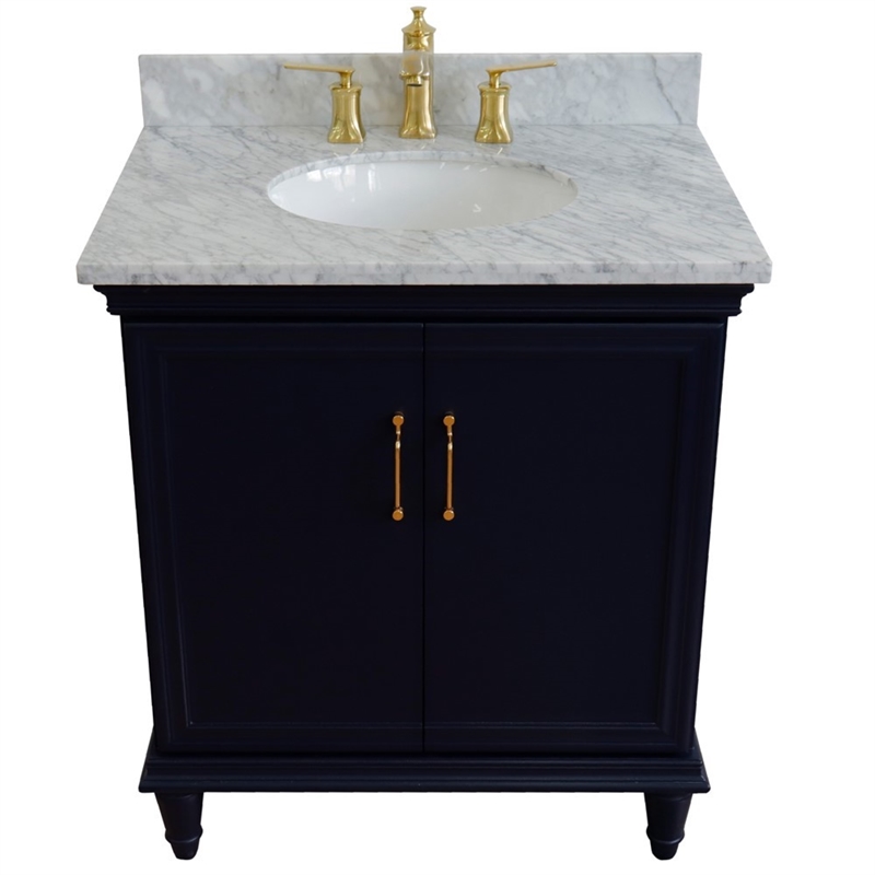 31 in. Single Wooden Vanity  Blue with White Carrara Oval Sink