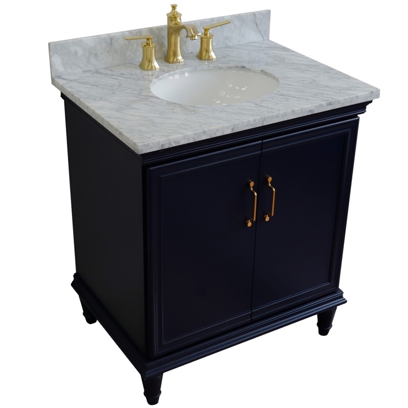 31 in. Single Wooden Vanity  Blue with White Carrara Oval Sink