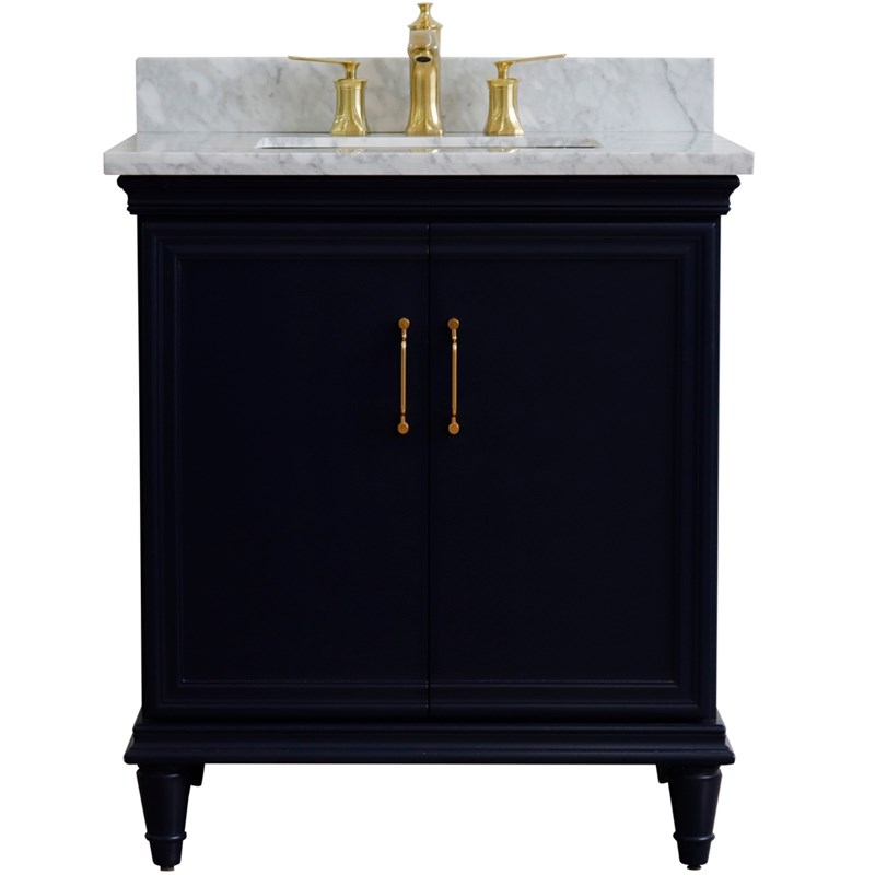 31 in. Single Wooden Vanity  Blue with White Carrara Rectangle Sink