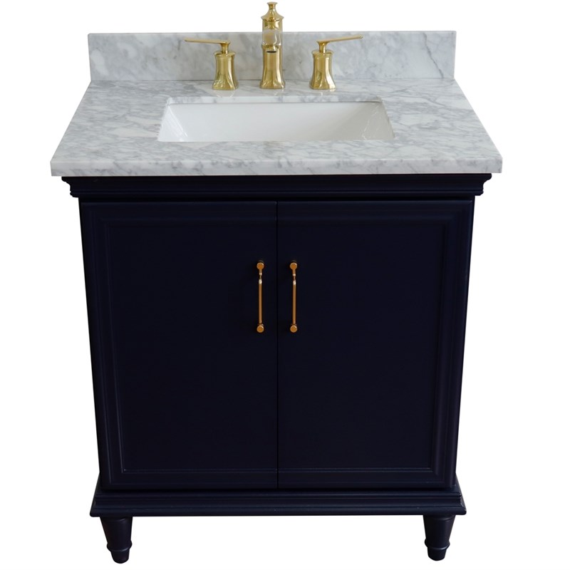 31 in. Single Wooden Vanity  Blue with White Carrara Rectangle Sink