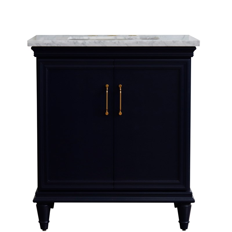 31 in. Single Wooden Vanity  Blue with White Carrara Rectangle Sink