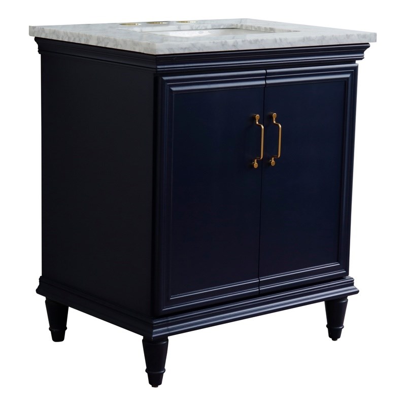 31 in. Single Wooden Vanity  Blue with White Carrara Rectangle Sink