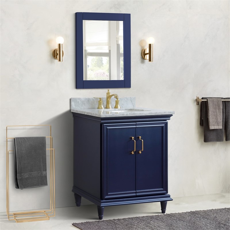 31 in. Single Wooden Vanity  Blue with White Carrara Rectangle Sink