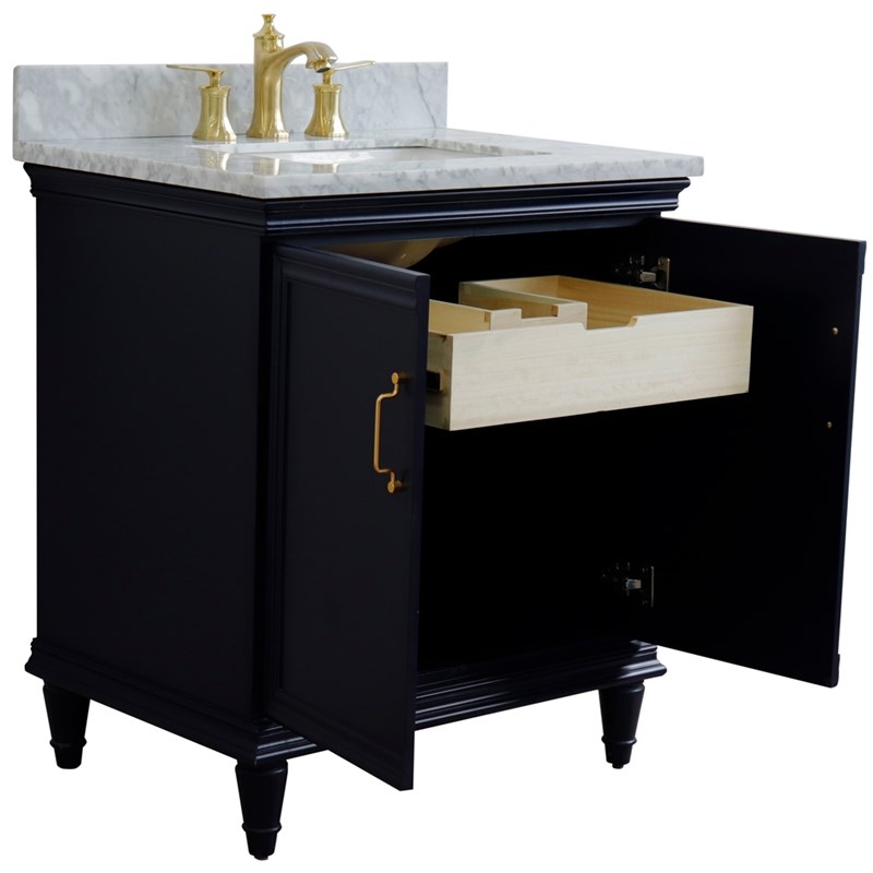 31 in. Single Wooden Vanity  Blue with White Carrara Rectangle Sink