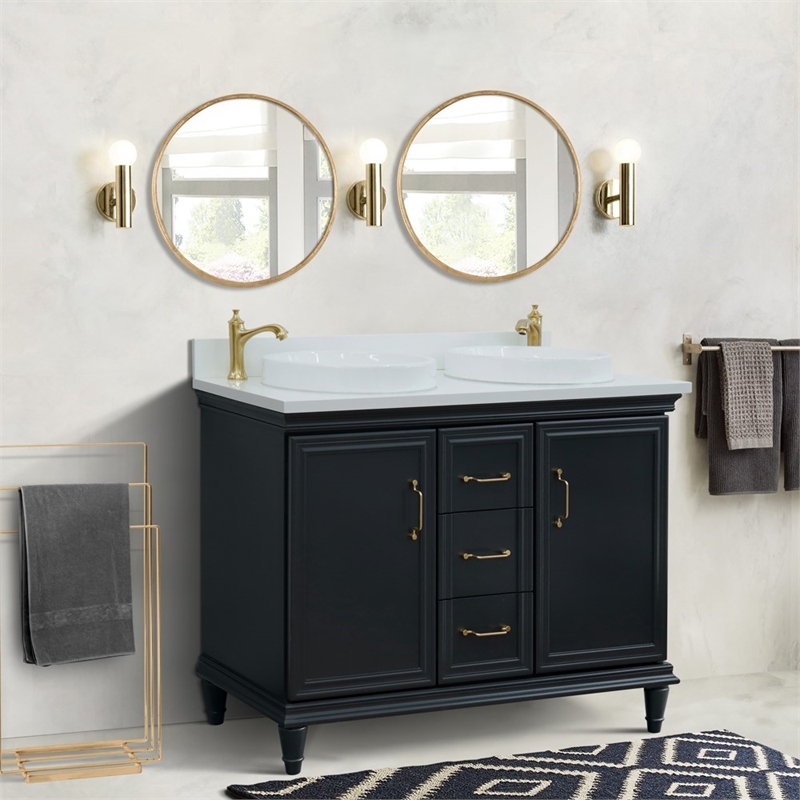 49 in. Double Wooden Vanity Dark Gray with White Quartz Round Sink