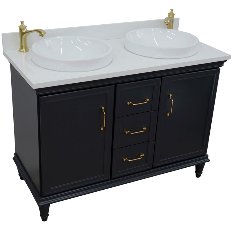 49 in. Double Wooden Vanity Dark Gray with White Quartz Round Sink