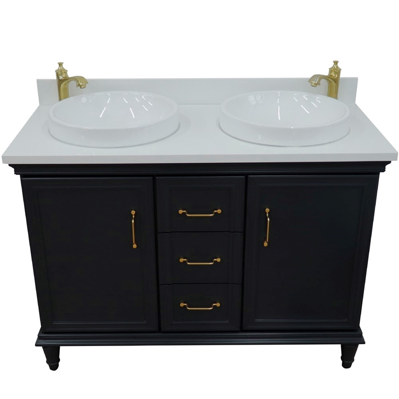 49 in. Double Wooden Vanity Dark Gray with White Quartz Round Sink