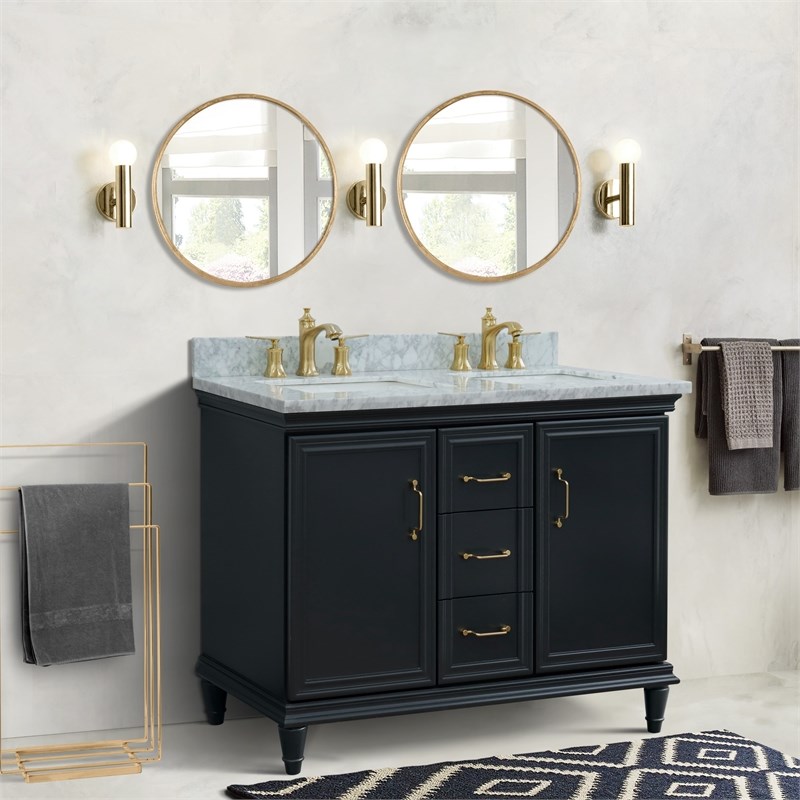 49 in. Double Wooden Vanity Dark Gray with White Carrara Rectangle Sink