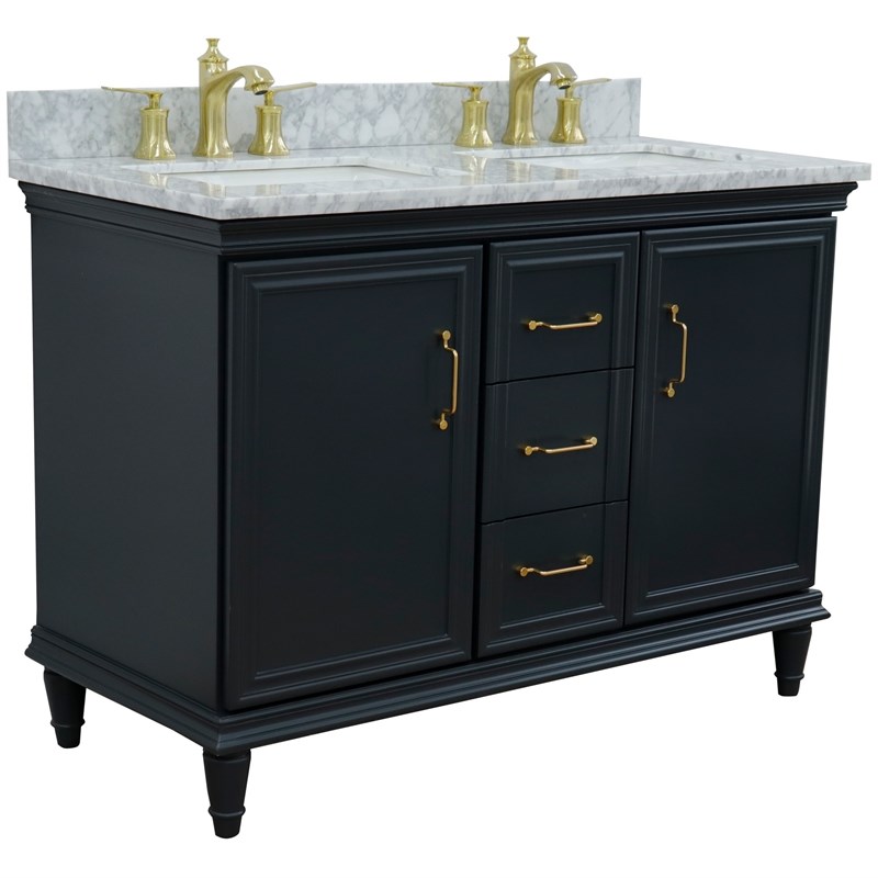49 in. Double Wooden Vanity Dark Gray with White Carrara Rectangle Sink