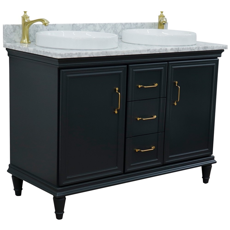 49 in. Double Wooden Vanity Dark Gray with White Carrara Round Sink