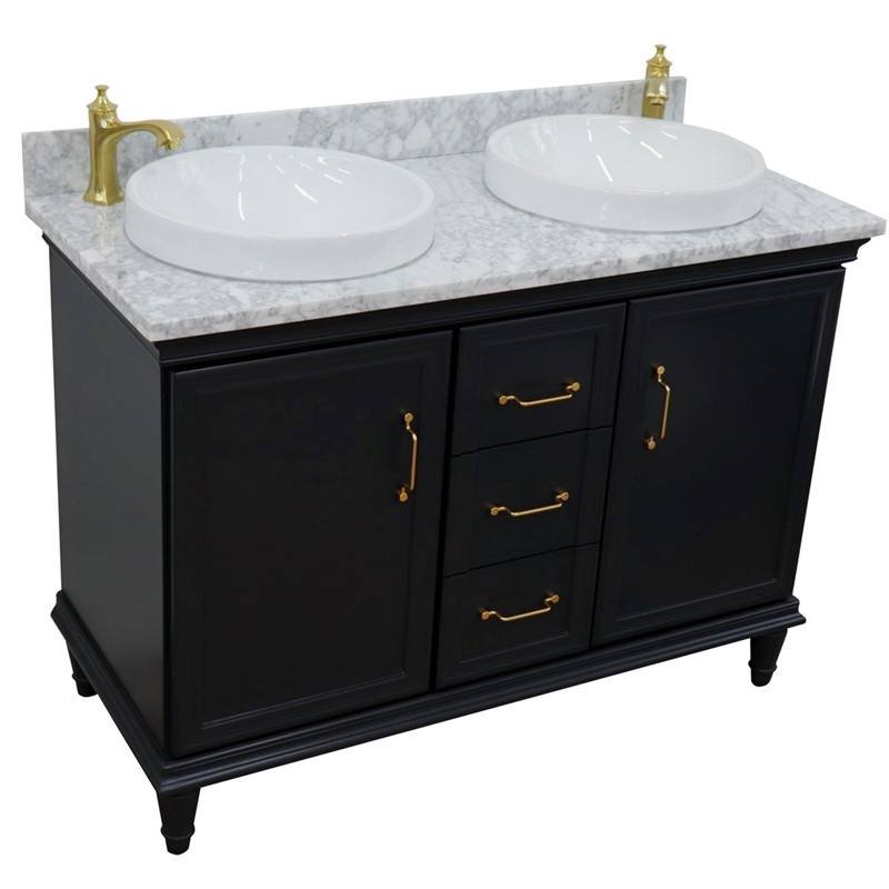 49 in. Double Wooden Vanity Dark Gray with White Carrara Round Sink