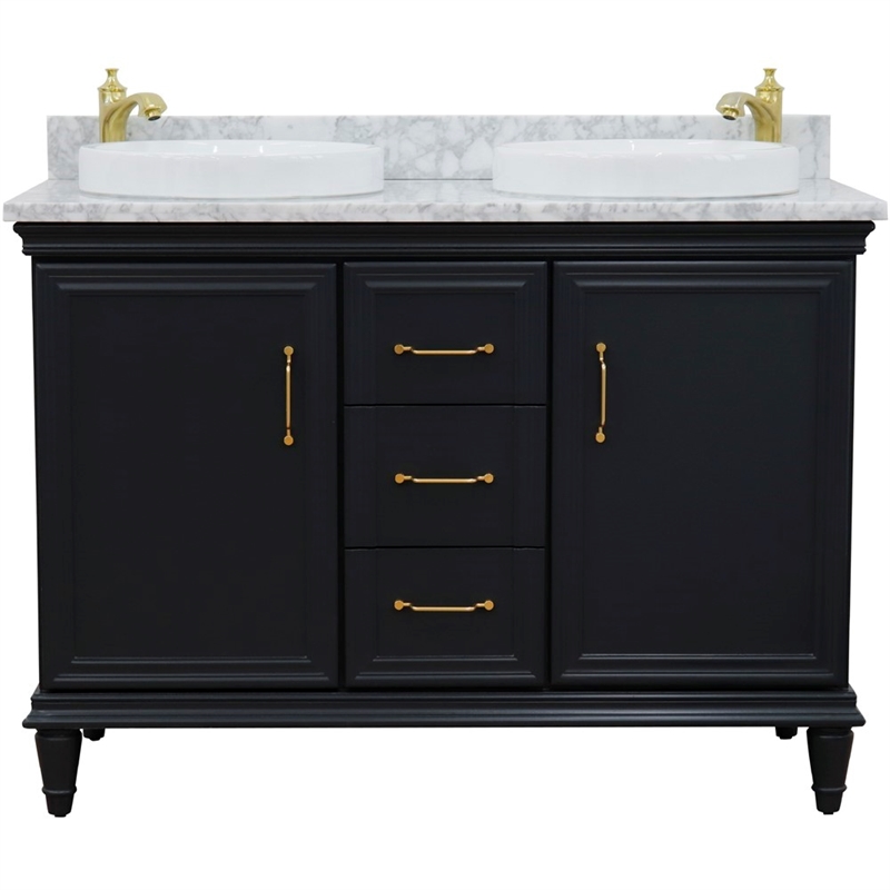 49 in. Double Wooden Vanity Dark Gray with White Carrara Round Sink