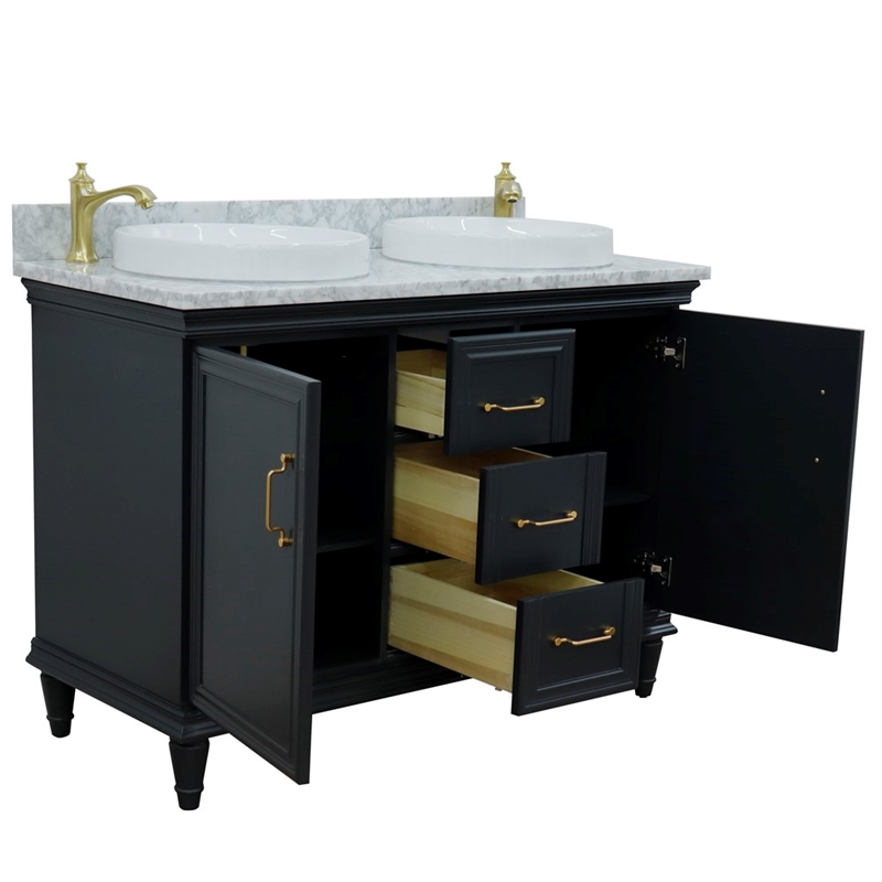 49 in. Double Wooden Vanity Dark Gray with White Carrara Round Sink