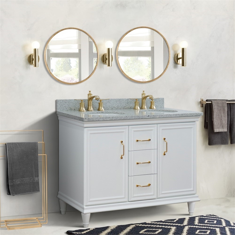 49 in. Double Wooden Vanity White with Gray Granite Oval Sink