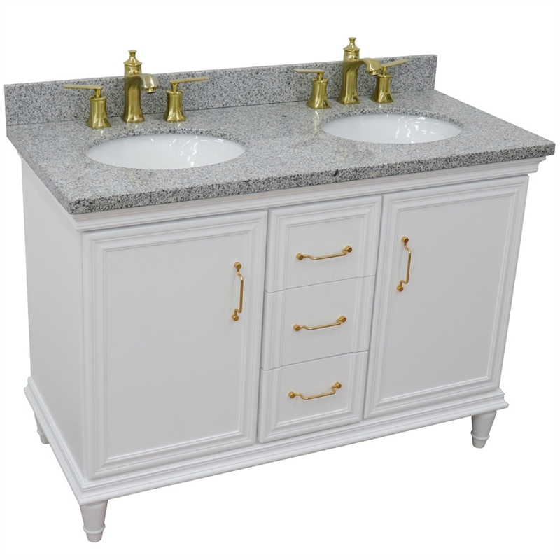 49 in. Double Wooden Vanity White with Gray Granite Oval Sink
