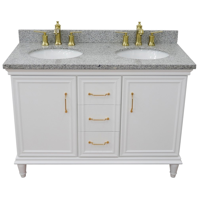 49 in. Double Wooden Vanity White with Gray Granite Oval Sink