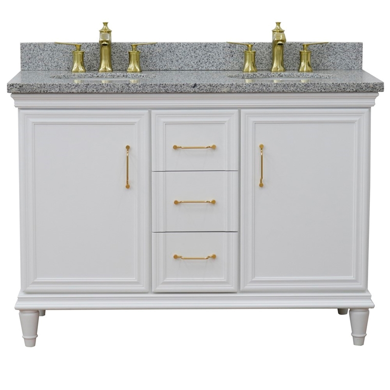 49 in. Double Wooden Vanity White with Gray Granite Oval Sink