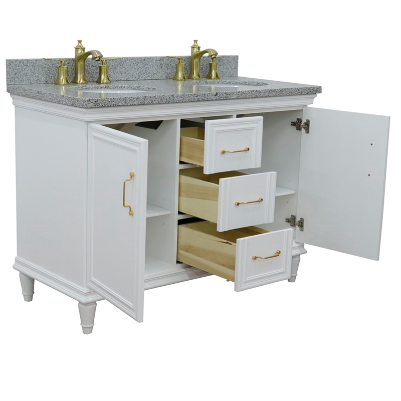 49 in. Double Wooden Vanity White with Gray Granite Oval Sink