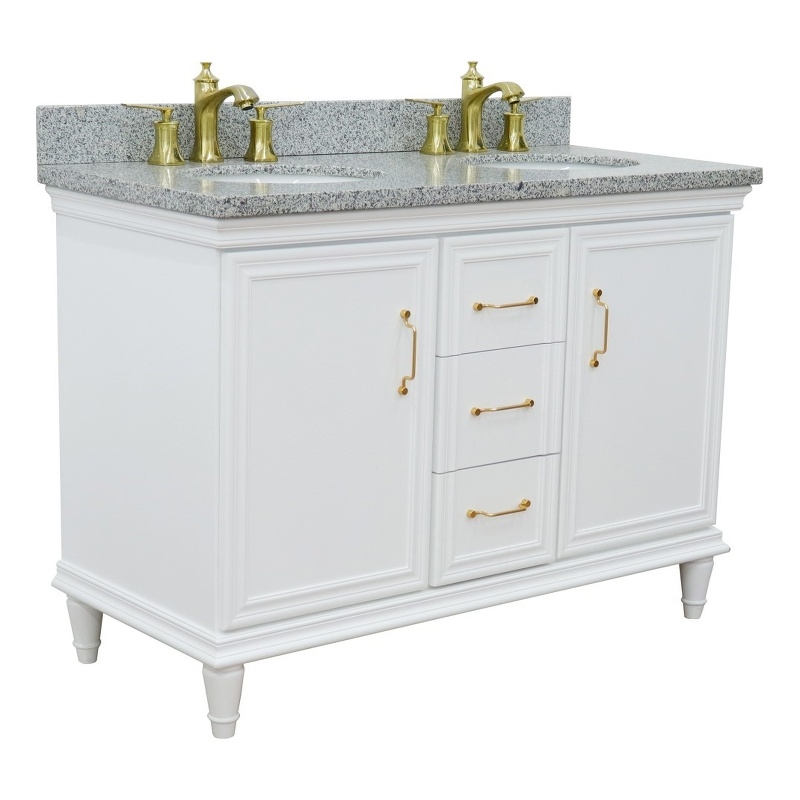 49 in. Double Wooden Vanity White with Gray Granite Oval Sink