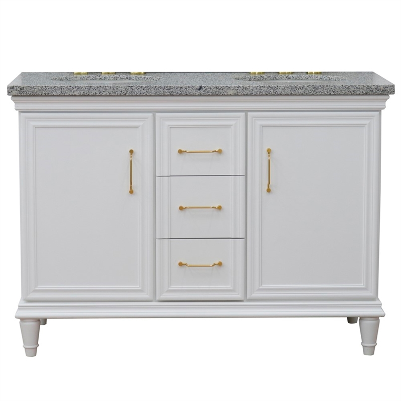 49 in. Double Wooden Vanity White with Gray Granite Oval Sink