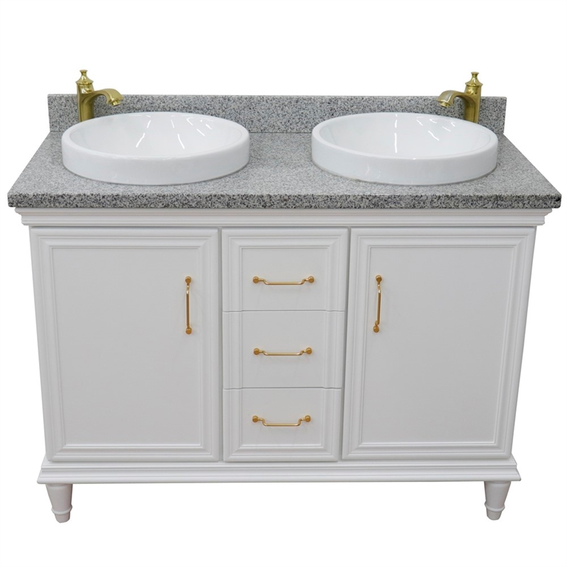 49 in. Double Wooden Vanity White with Gray Granite Round Sink