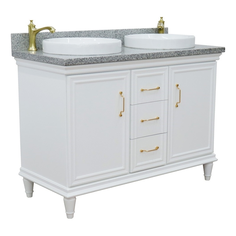 49 in. Double Wooden Vanity White with Gray Granite Round Sink