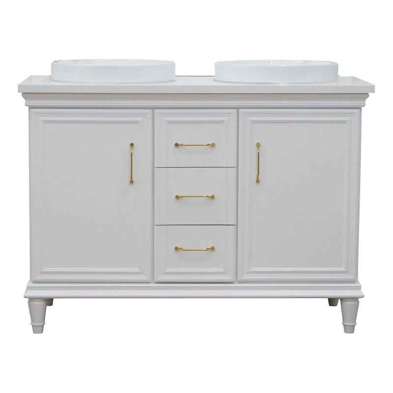 49 in. Double Wooden Vanity White with White Quartz Round Sink