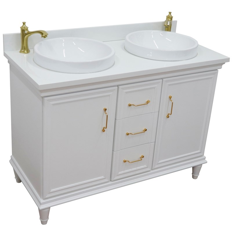 49 in. Double Wooden Vanity White with White Quartz Round Sink