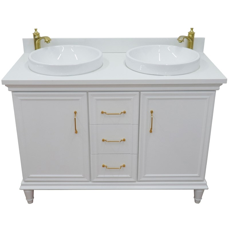 49 in. Double Wooden Vanity White with White Quartz Round Sink