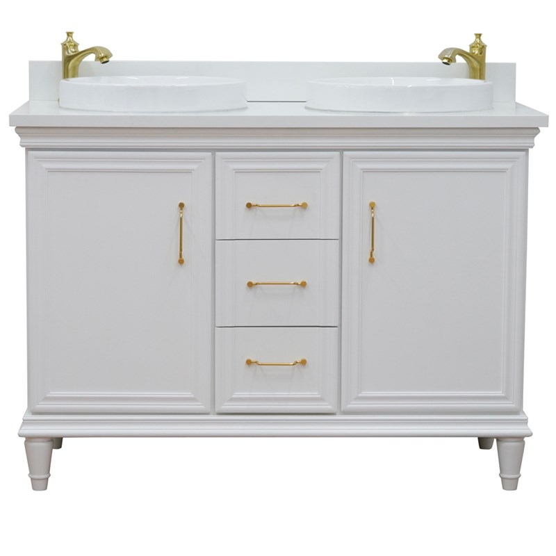 49 in. Double Wooden Vanity White with White Quartz Round Sink