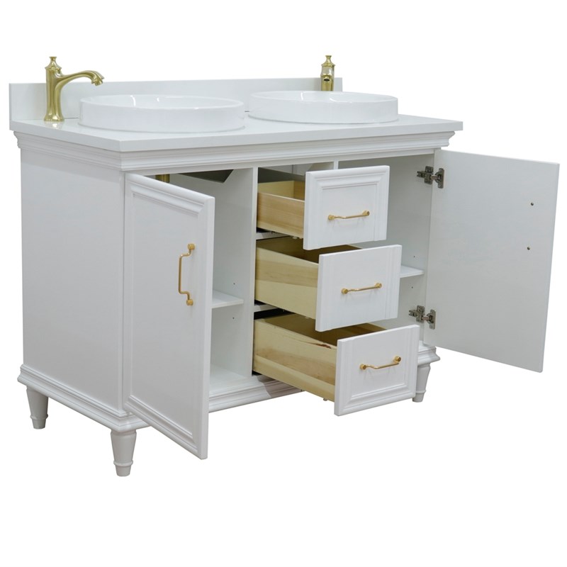 49 in. Double Wooden Vanity White with White Quartz Round Sink