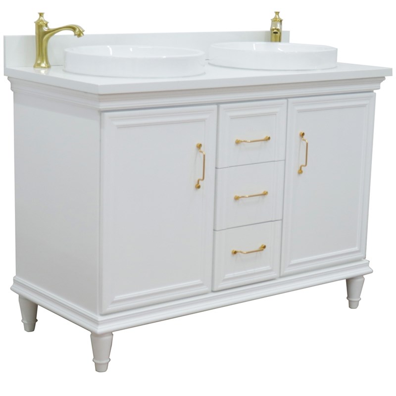 49 in. Double Wooden Vanity White with White Quartz Round Sink
