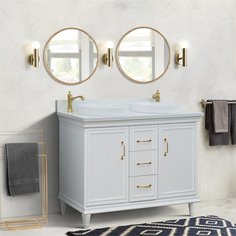 49 in. Double Wooden Vanity White with White Quartz Round Sink