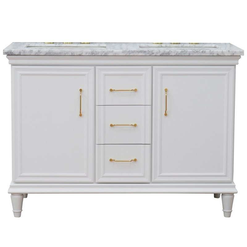 49 in. Double Wooden Vanity White with White Carrara Rectangle Sink