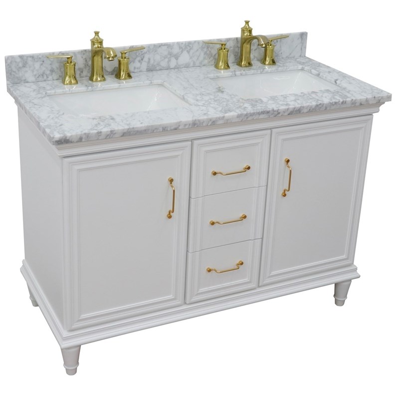 49 in. Double Wooden Vanity White with White Carrara Rectangle Sink